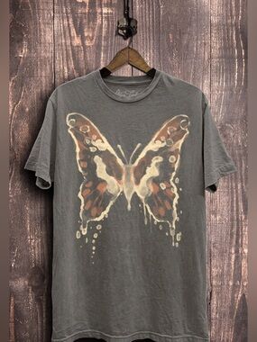 UNISEX-Mineral Wash Abstract Gray Butterfly Graphic Tee